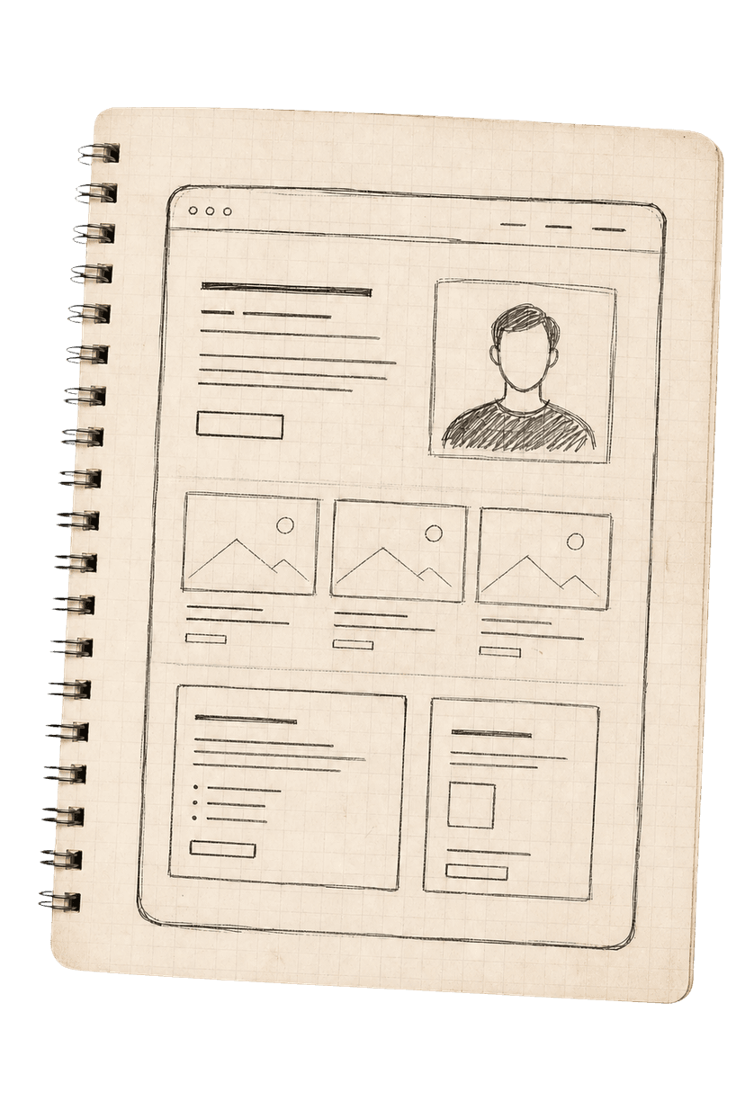 Hand-drawn portfolio wireframe in a spiral notebook
